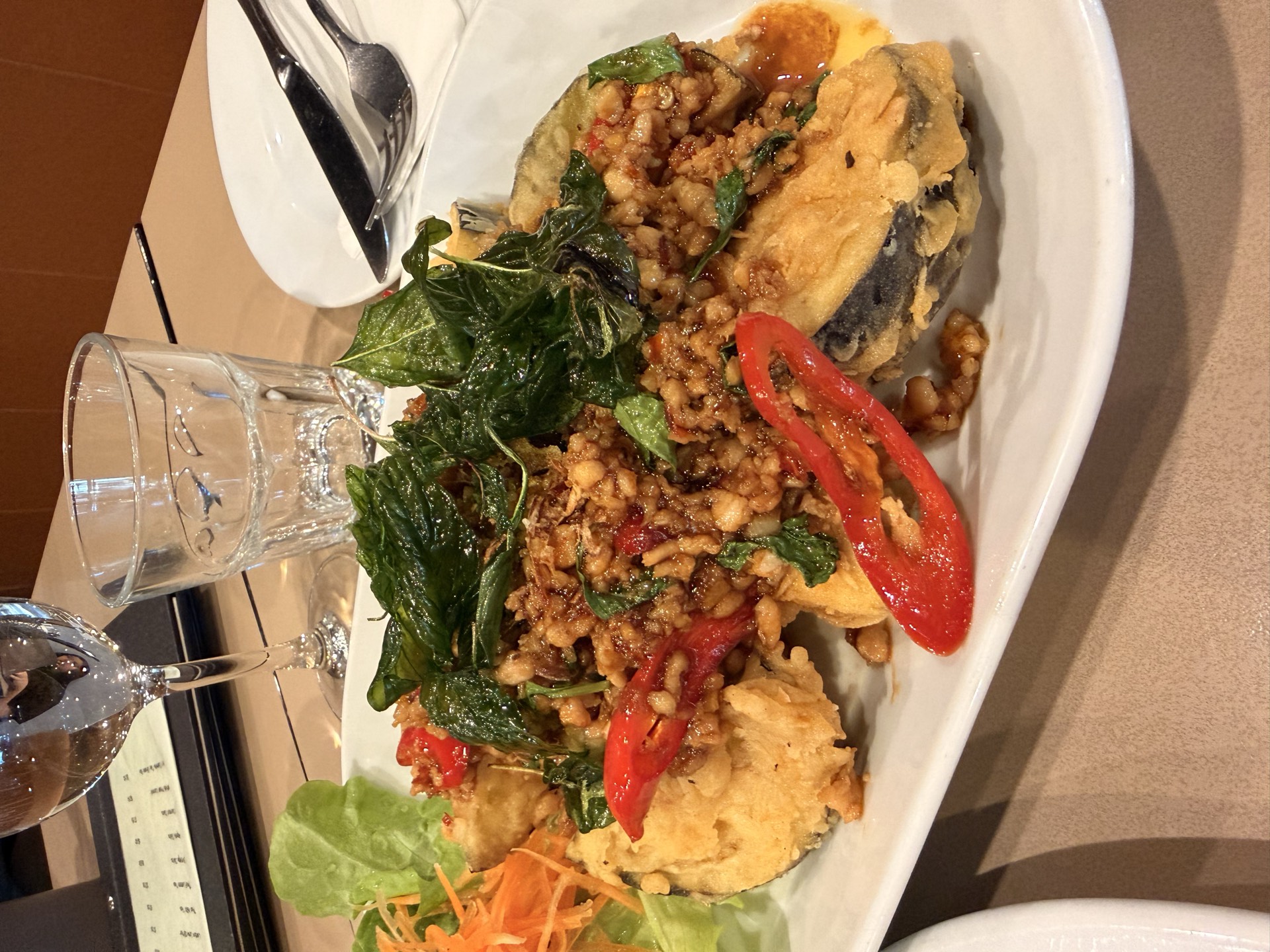 Eggplant with chilli basil sauce